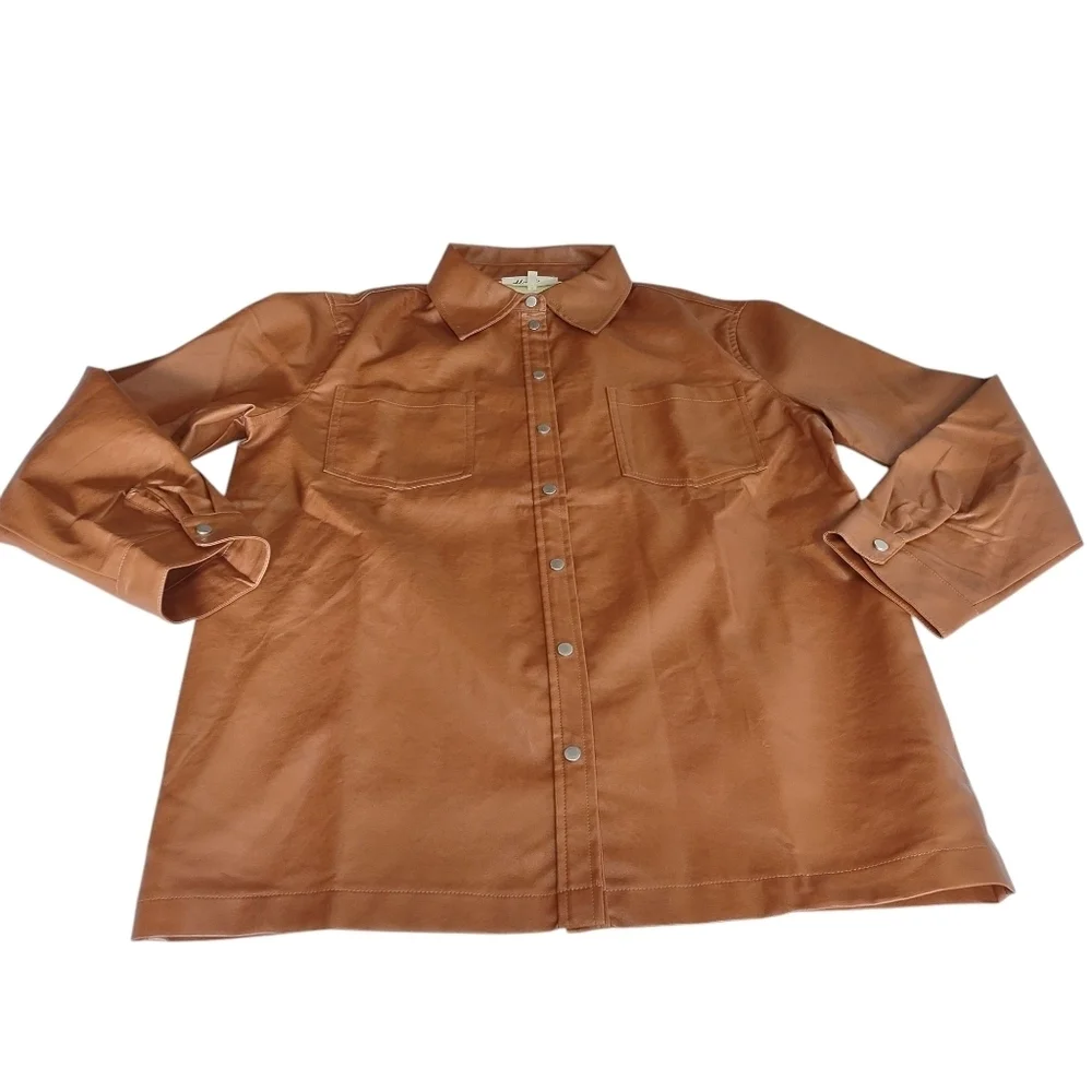 Haptics by Holly Harper Brown Faux Leather Oversized Snap Button Jacket Sz M New